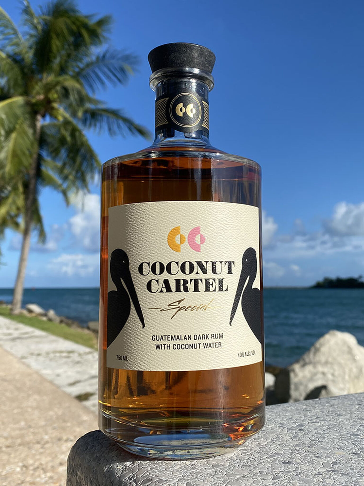 Coconut Cartel Bottle with palms and water in background